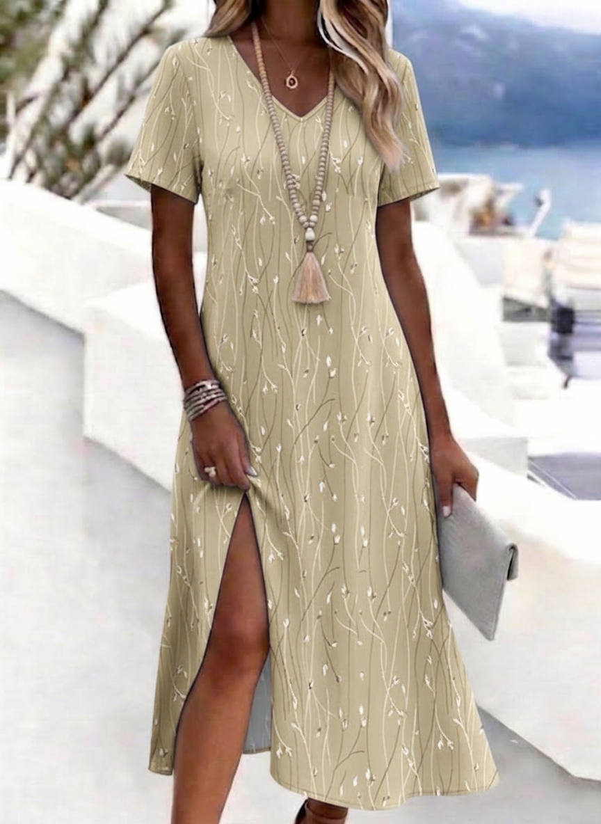 Light Khaki - Women Floral Summer Dress V Neck Sh