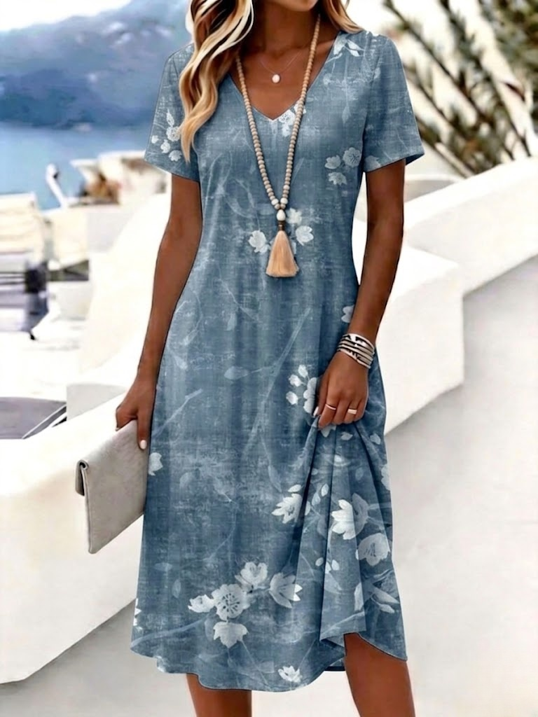 Blue - Women Floral Summer Dress V Neck Sh