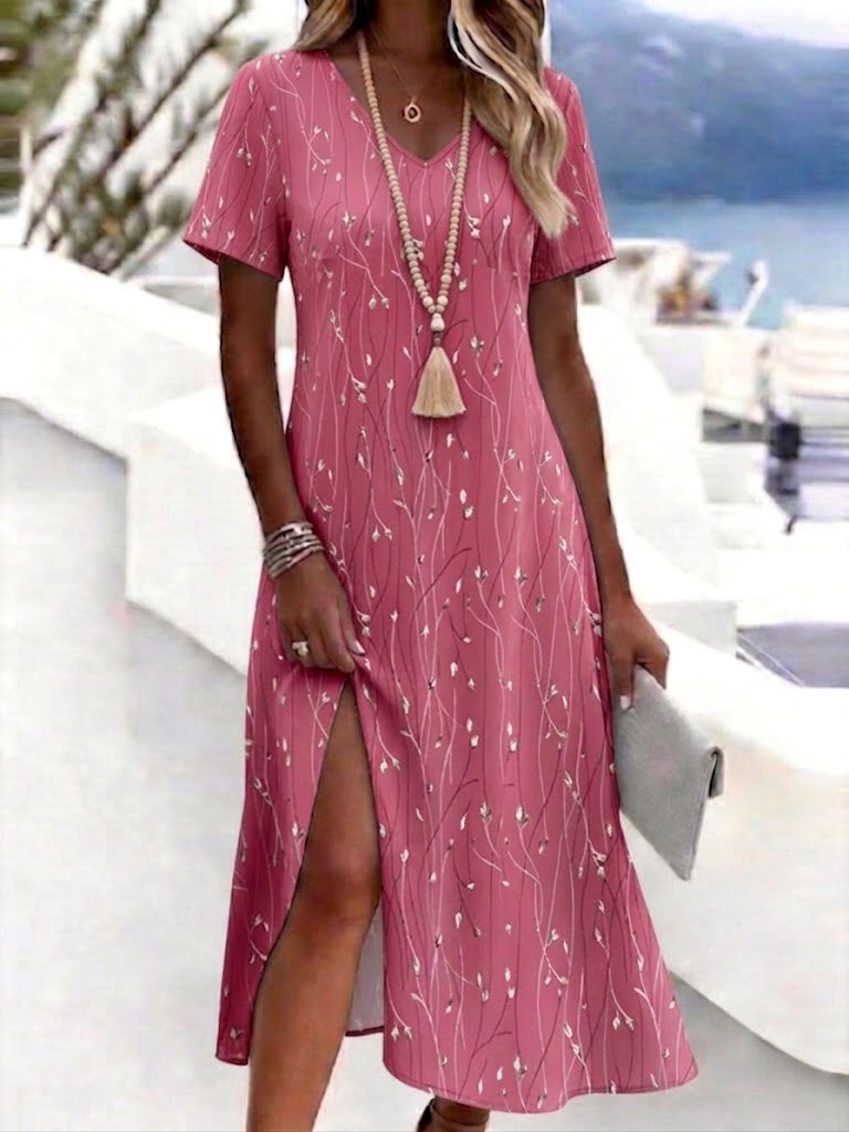 Deep Pink - Women Floral Summer Dress V Neck Sh