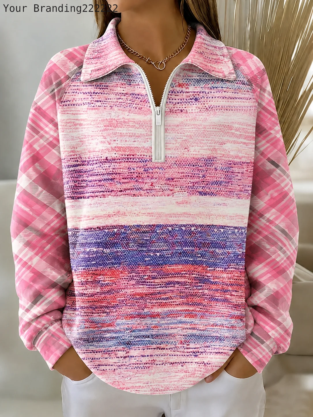 Casual Crew Neck Plaid Sweatshirt Printing