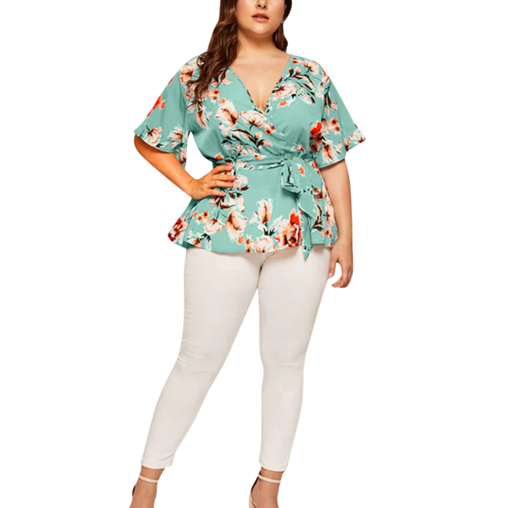 Women Blouse Plus Size Sexy V Neck Floral Print Flare Sleeve Belted Surplice Peplum Tops And Blouse Blusas Feminina Блузка #BL4