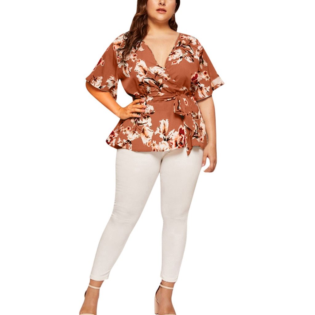 Women Blouse Plus Size Sexy V Neck Floral Print Flare Sleeve Belted Surplice Peplum Tops And Blouse Blusas Feminina Блузка #BL4
