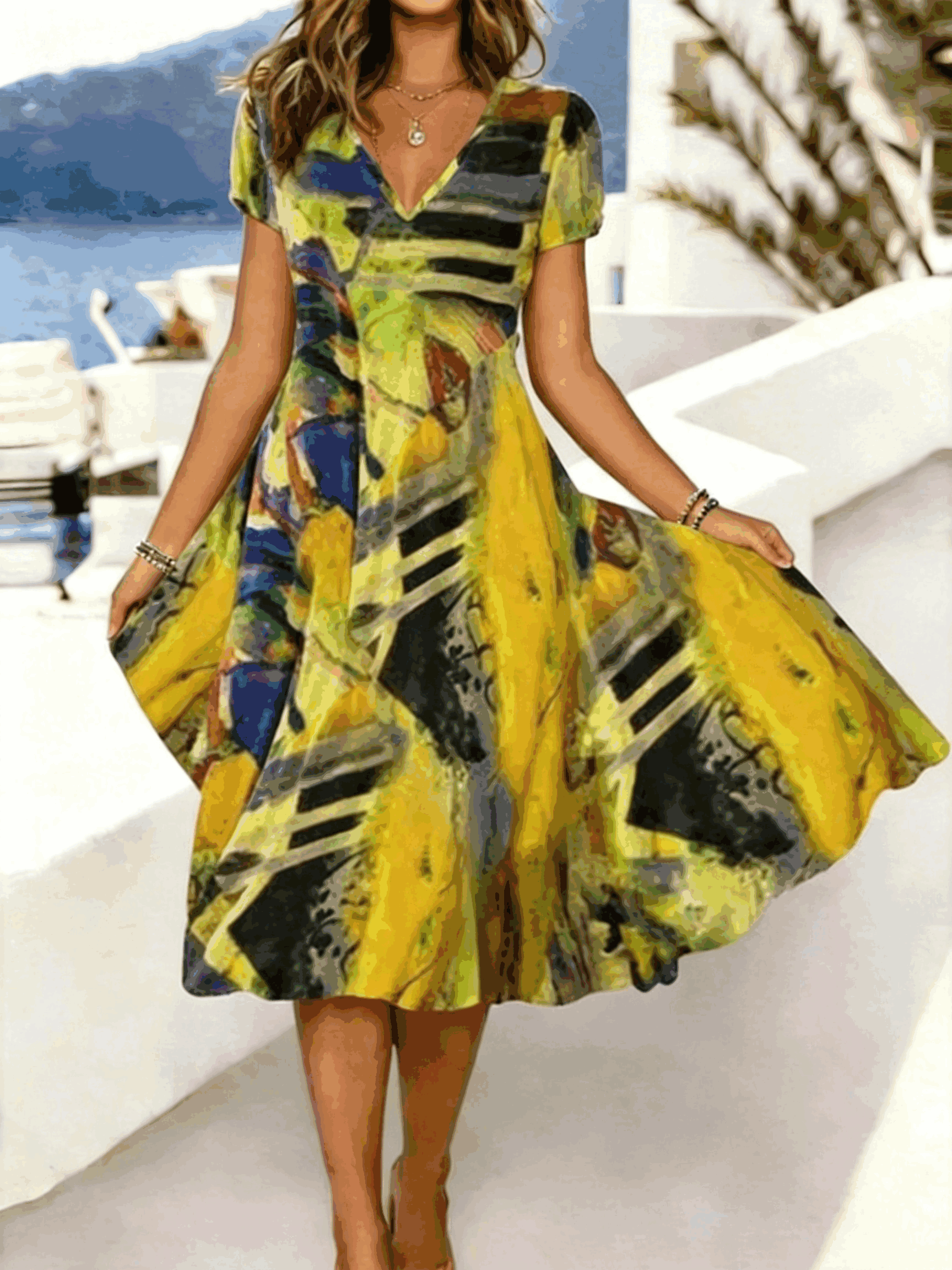 Yellow - Women Random Print Summer Dress V N
