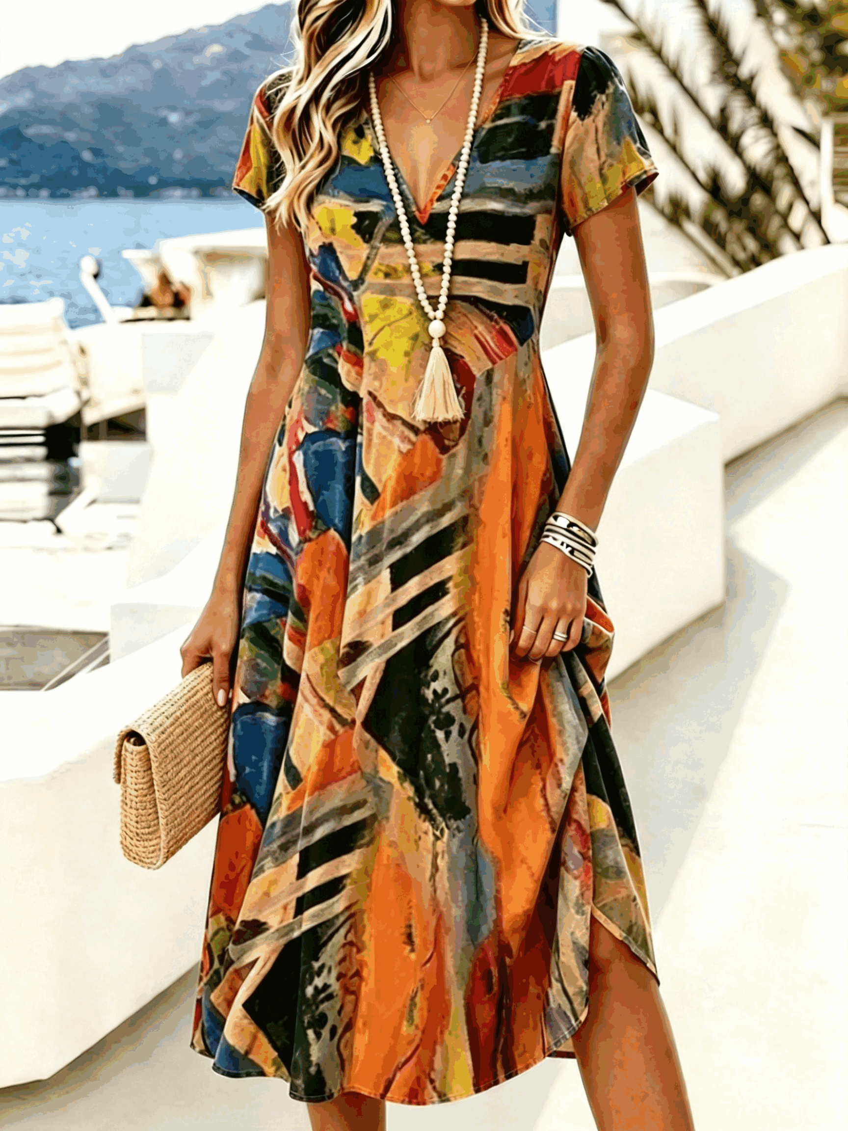 Orange - Women Random Print Summer Dress V N