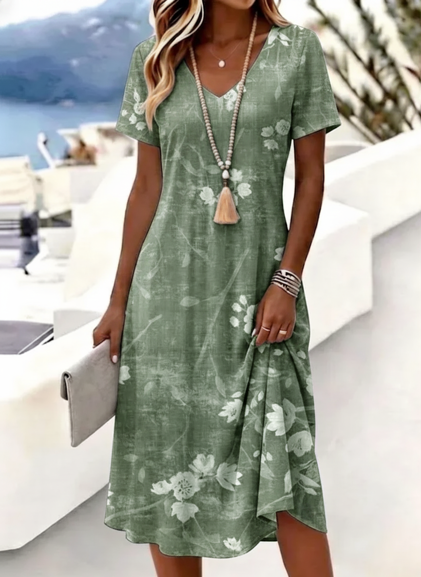 Green - Women Floral Summer Dress V Neck Sh