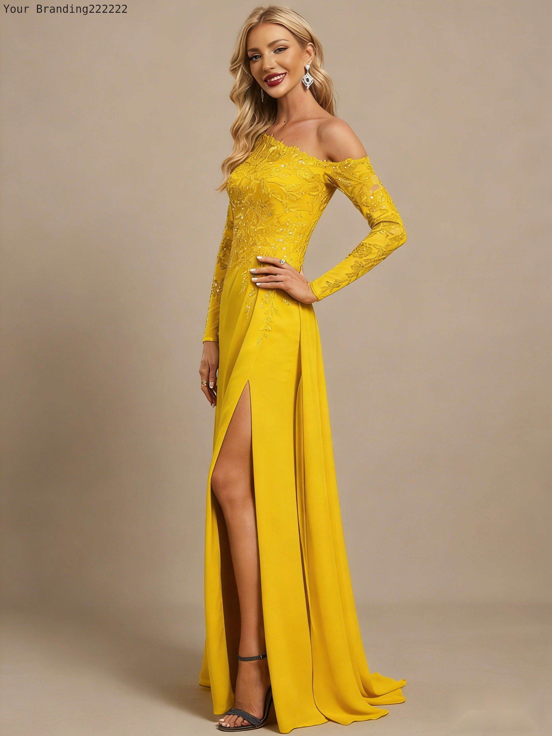 One-Shoulder Chiffon Gown with Thigh-High Slit