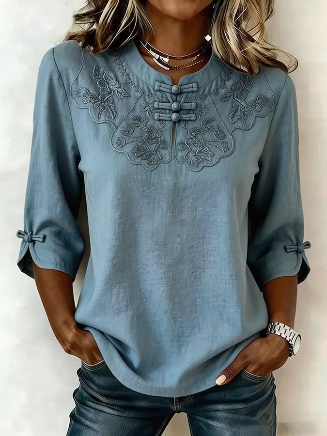 Blue - Mandarin Collar Half Sleeve Floral 