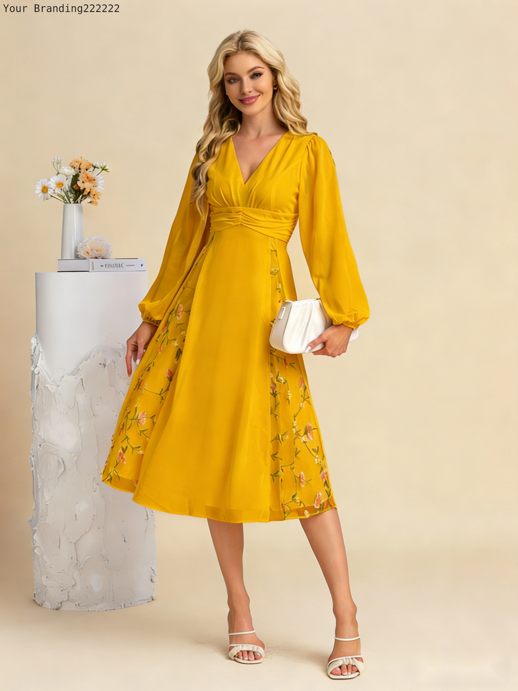 Elegant Long-Sleeved V-Neck Midi Gown