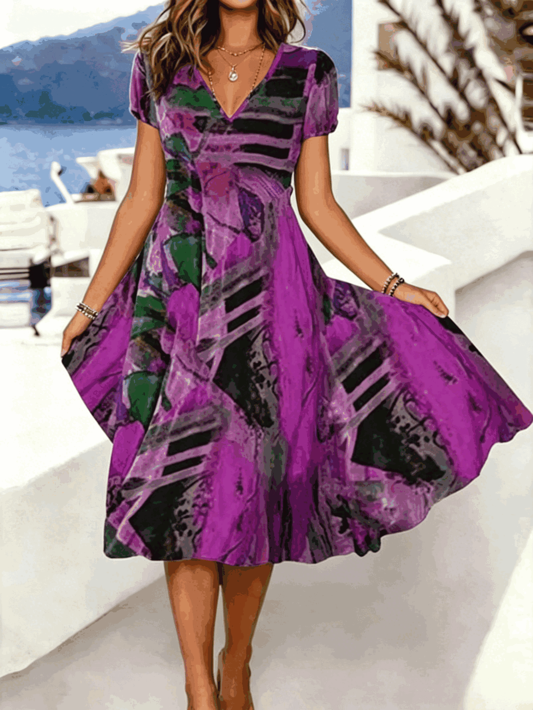Purple - Women Random Print Summer Dress V N