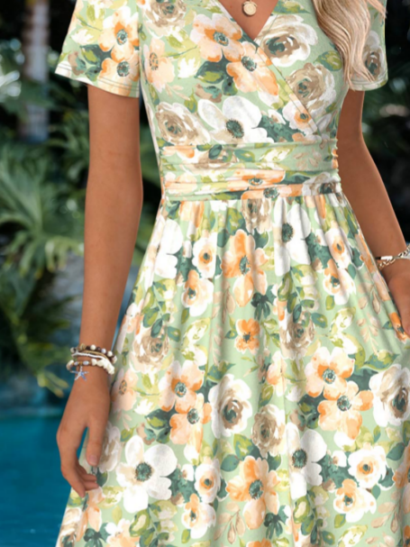 Women Floral Summer Dress V Neck Sh