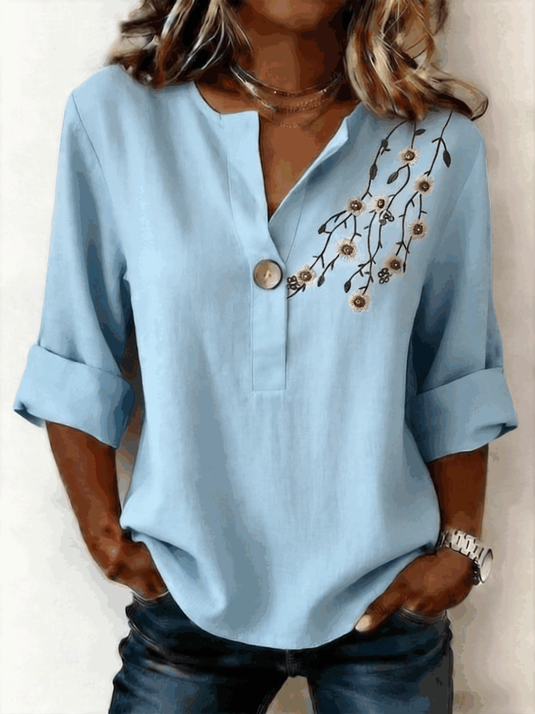 Blue - V Neck Three Quarter Sleeve Floral 