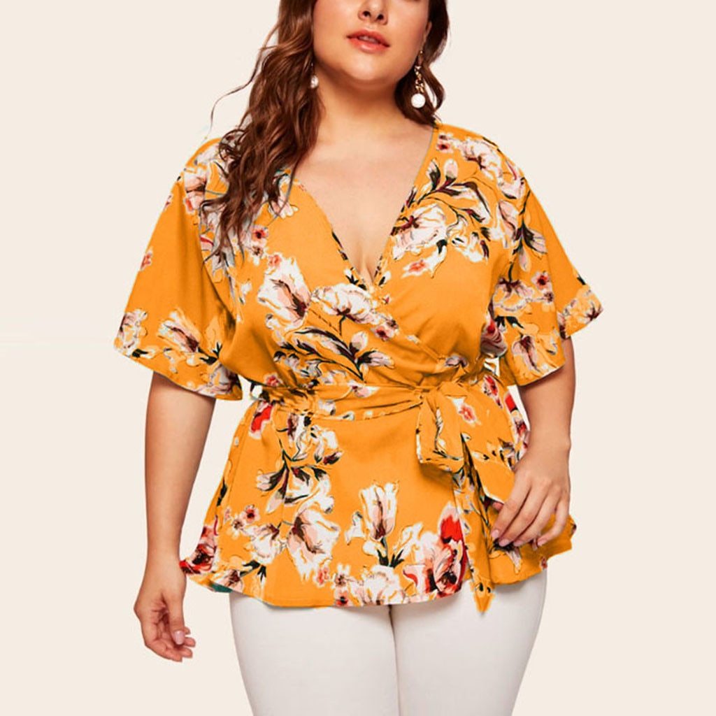 Women Blouse Plus Size Sexy V Neck Floral Print Flare Sleeve Belted Surplice Peplum Tops And Blouse Blusas Feminina Блузка #BL4