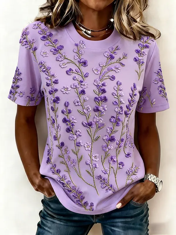 Casual Floral Crew Neck Short Sleev