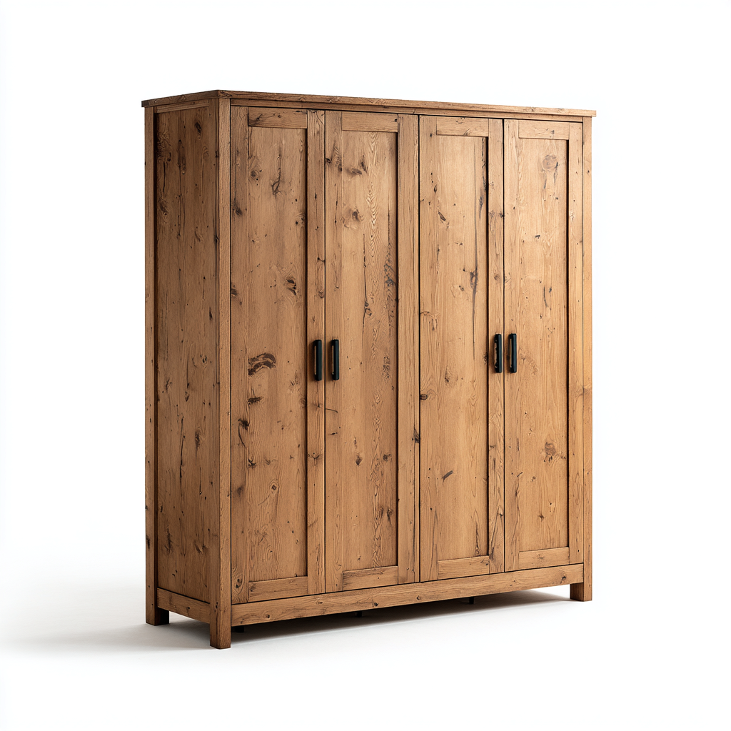 Armadio - Legno Massello - 210X180X60 Cm - Pino Naturale - Design Rustico Con Quattro Ante-Reststa