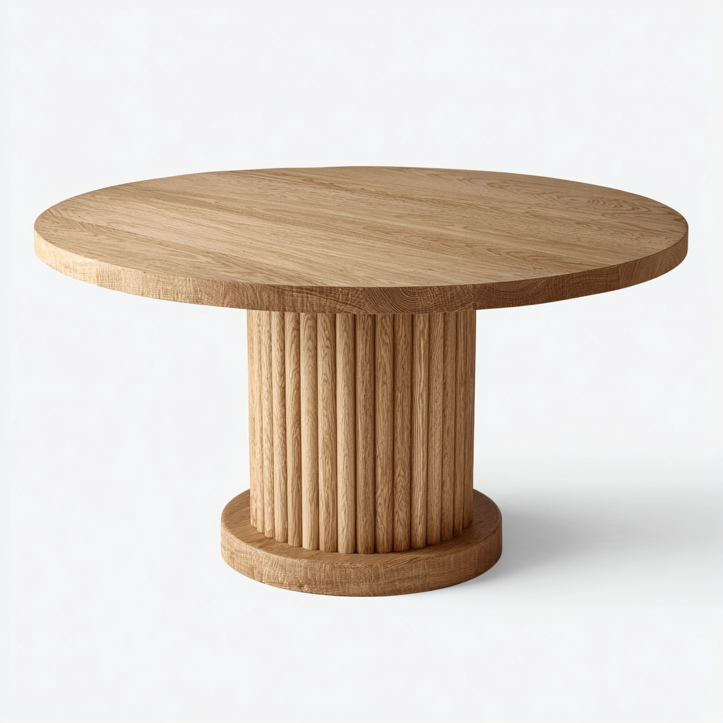 Tavolo Da Pranzo Rotondo In Legno 140x140x76 Cm - Rovere Naturale - Design Moderno Con Base Cilindrica Scanalata Per Sala Da Pranzo-Reststa