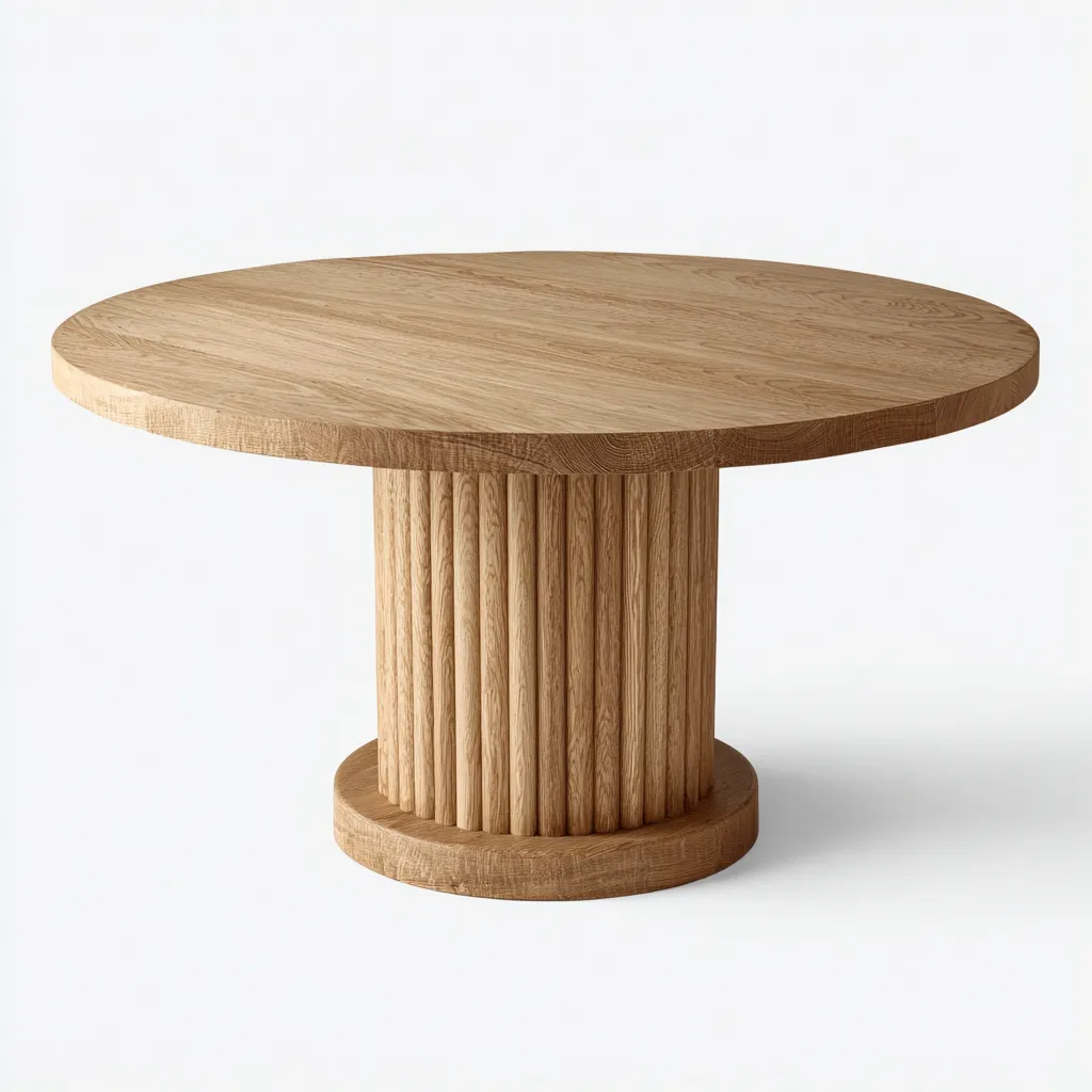 Tavolo Da Pranzo Rotondo In Legno 140x140x76 Cm - Rovere Naturale - Design Moderno Con Base Cilindrica Scanalata Per Sala Da Pranzo-Reststa