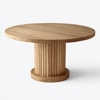 Tavolo Da Pranzo Rotondo In Legno 140x140x76 Cm - Rovere Naturale - Design Moderno Con Base Cilindrica Scanalata Per Sala Da Pranzo-Reststa