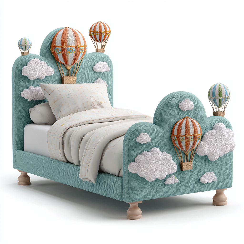 Letto Per Bambini Imbottito 200x110x130 Cm - Azzurro Con Decorazioni Nuvola E Mongolfiera - Design Carino-Reststa