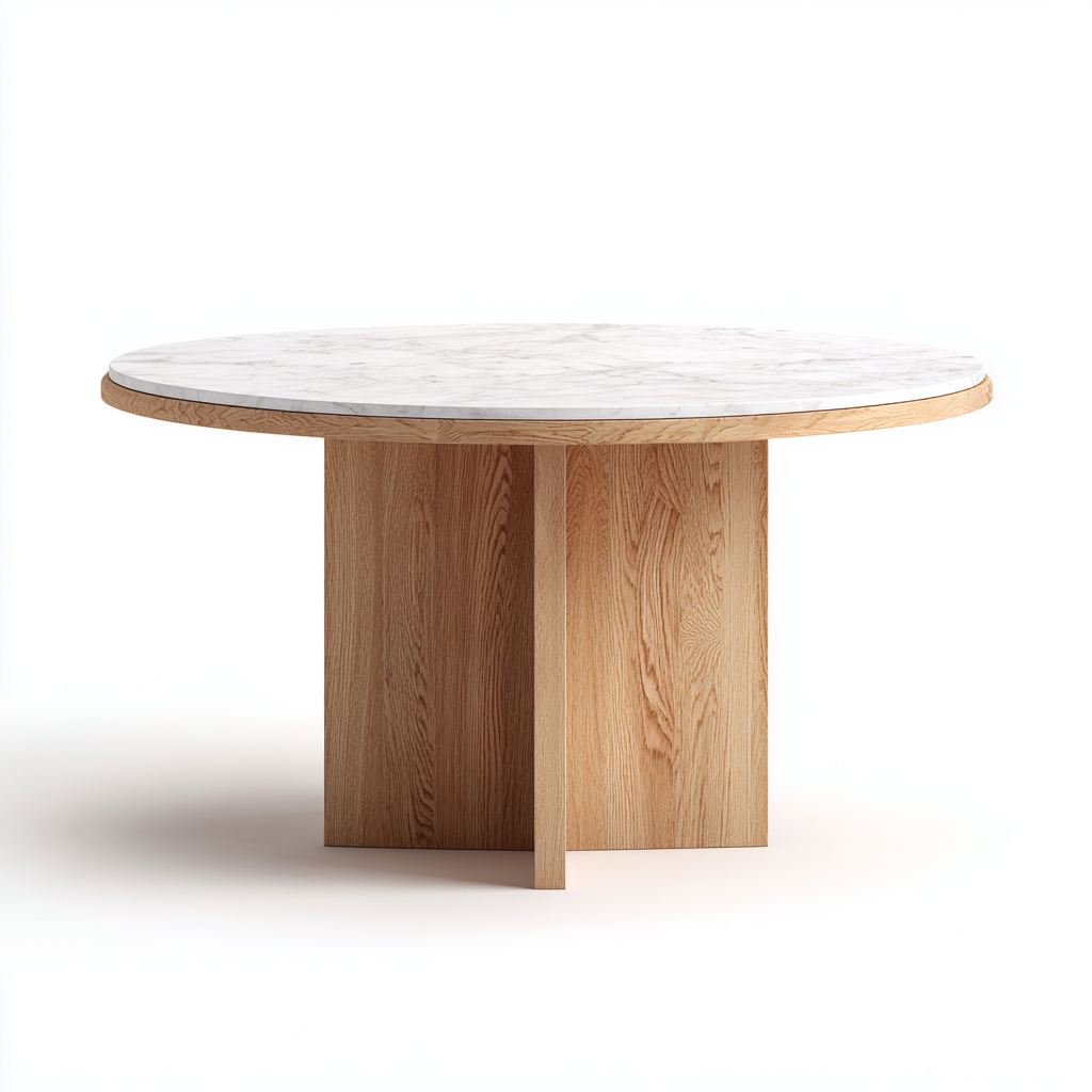 Tavolo Da Pranzo Piano In Marmo Rotondo 120X120X75 Cm - Bianco-Legno Naturale - Design Moderno Per Sala Da Pranzo-Reststa