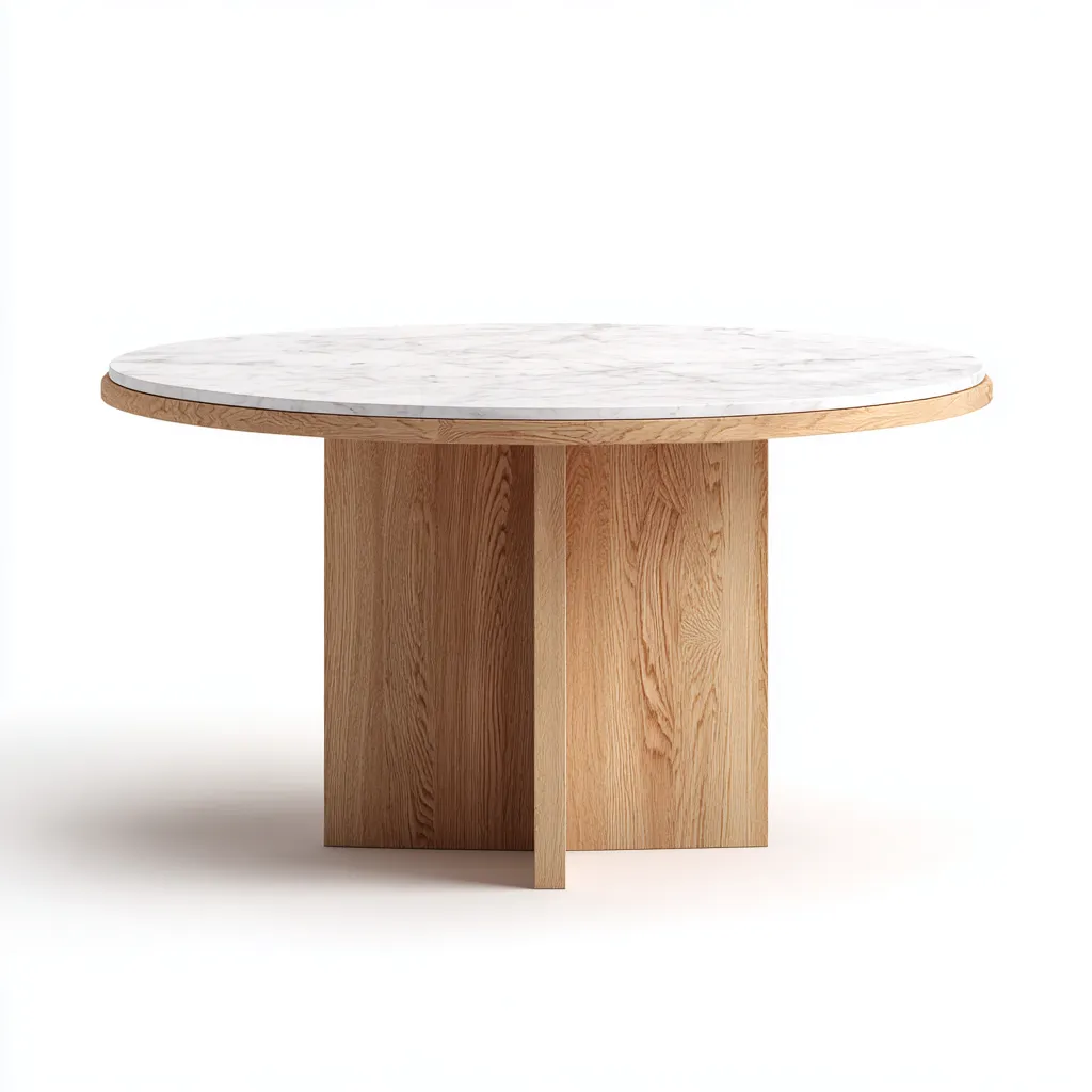 Tavolo Da Pranzo Piano In Marmo Rotondo 120X120X75 Cm - Bianco-Legno Naturale - Design Moderno Per Sala Da Pranzo-Reststa