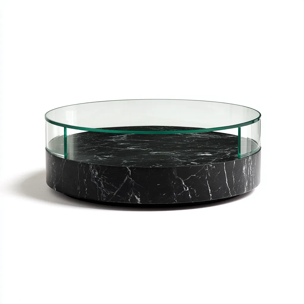 Tavolino Da Caffè Marmo-Vetro 95X95X33 Cm - Nero-Trasparente - Adeguato Per Soggiorno - Design Moderno-Reststa