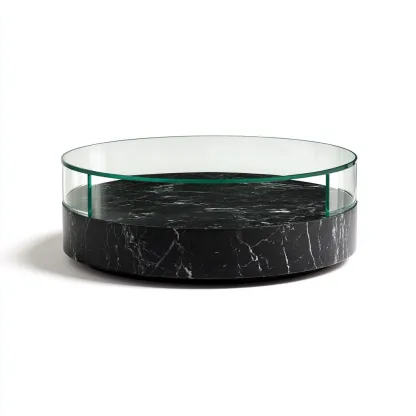 Tavolino Da Caffè Marmo-Vetro 95X95X33 Cm - Nero-Trasparente - Adeguato Per Soggiorno - Design Moderno-Reststa