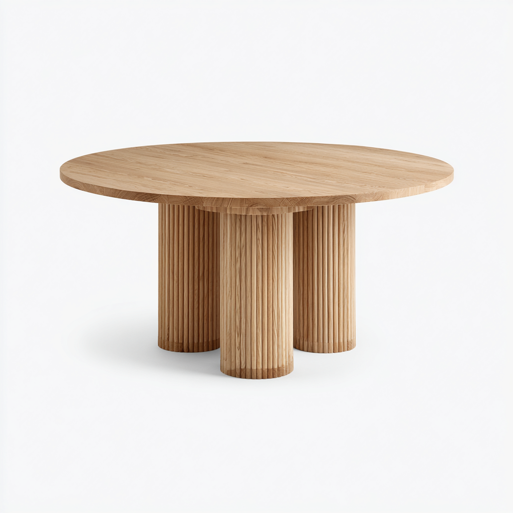 Tavolo Da Pranzo Rotondo In Legno 150x150x75 Cm - Legno Chiaro - Design Moderno Con Tre Basi Cilindriche Scanalate Per Sala Da Pranzo-Reststa