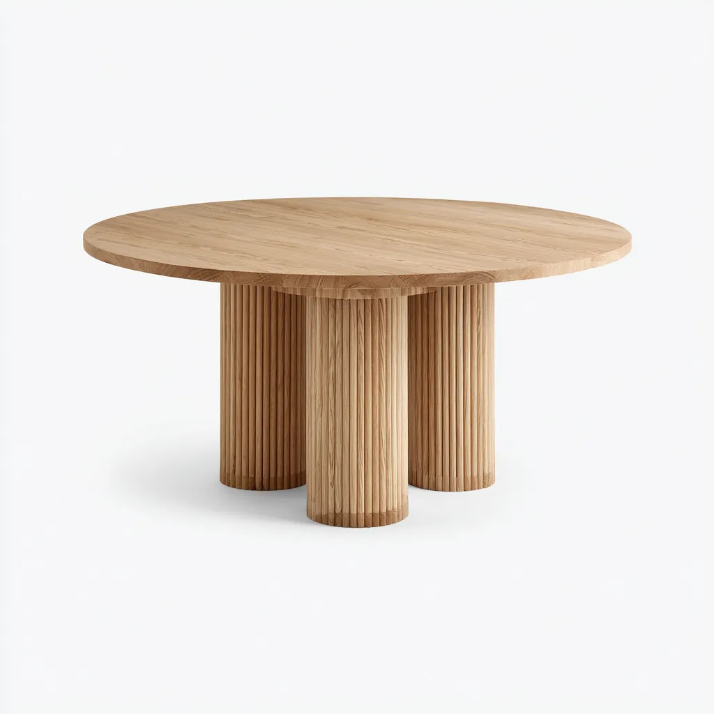 Tavolo Da Pranzo Rotondo In Legno 150x150x75 Cm - Legno Chiaro - Design Moderno Con Tre Basi Cilindriche Scanalate Per Sala Da Pranzo-Reststa