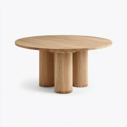 Tavolo Da Pranzo Rotondo In Legno 150x150x75 Cm - Legno Chiaro - Design Moderno Con Tre Basi Cilindriche Scanalate Per Sala Da Pranzo-Reststa