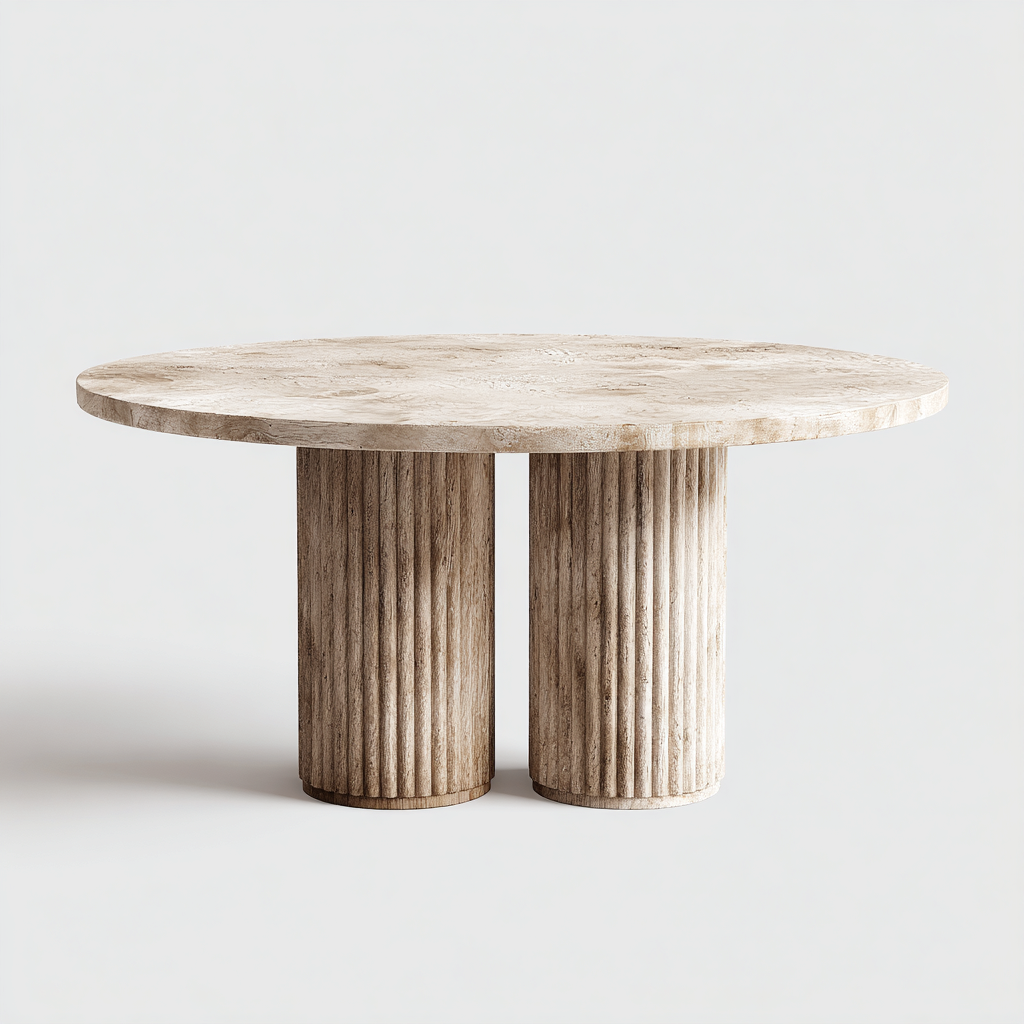 Tavolo Da Pranzo Rotondo In Legno 150x150x76 Cm - Legno Chiaro - Design Moderno Con Doppia Base Cilindrica Scanalata Per Sala Da Pranzo-Reststa