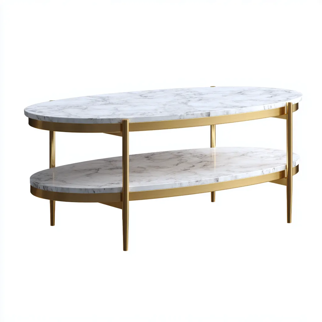 Tavolino Da Caffè Marmo 110X60X45 Cm - Bianco Marmorizzato-Oro - Adatto Per Soggiorno - Design Moderno-Reststa