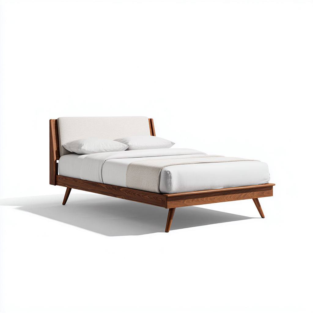Letto Matrimoniale - Legno-Tessuto - 210X165X108 Cm - Legno Scuro-Beige - Design Moderno In Stile Mid Century-Reststa
