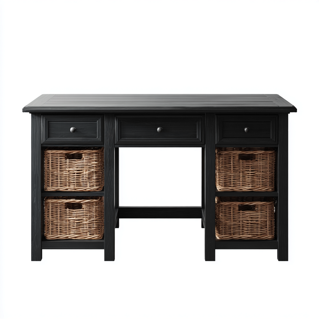 Scrivania Legno Nero+Vimini 140x60x75 Cm Nero-Vimini Adatta Per Ufficio Design Moderno Minimalista-Reststa