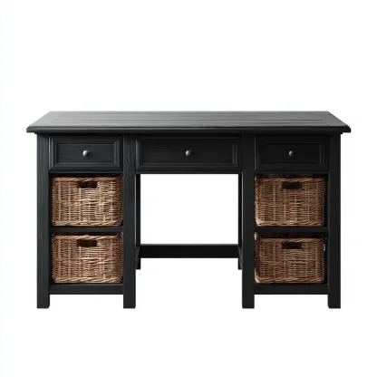 Scrivania Legno Nero+Vimini 140x60x75 Cm Nero-Vimini Adatta Per Ufficio Design Moderno Minimalista-Reststa