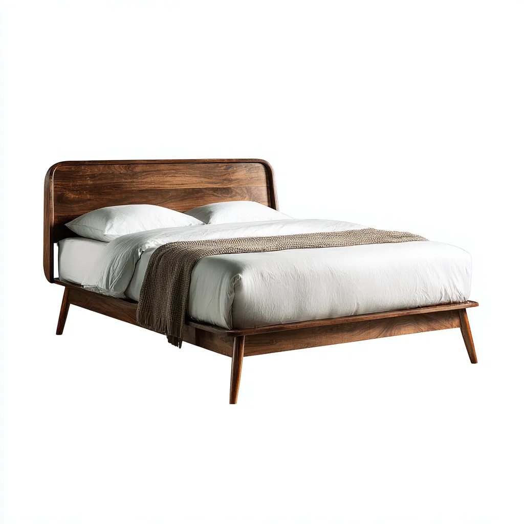 Letto Matrimoniale - Legno Massello - 200X160X115 Cm - Noce - Design Moderno Stile Mid-Century Con Testiera Arrotondata-Reststa