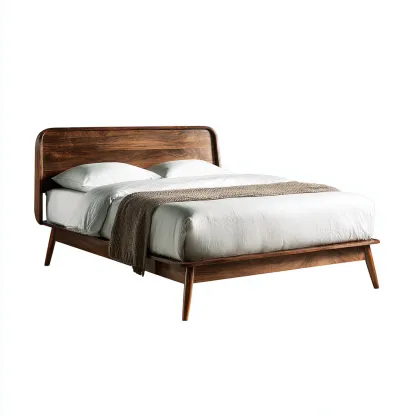 Letto Matrimoniale - Legno Massello - 200X160X115 Cm - Noce - Design Moderno Stile Mid-Century Con Testiera Arrotondata-Reststa