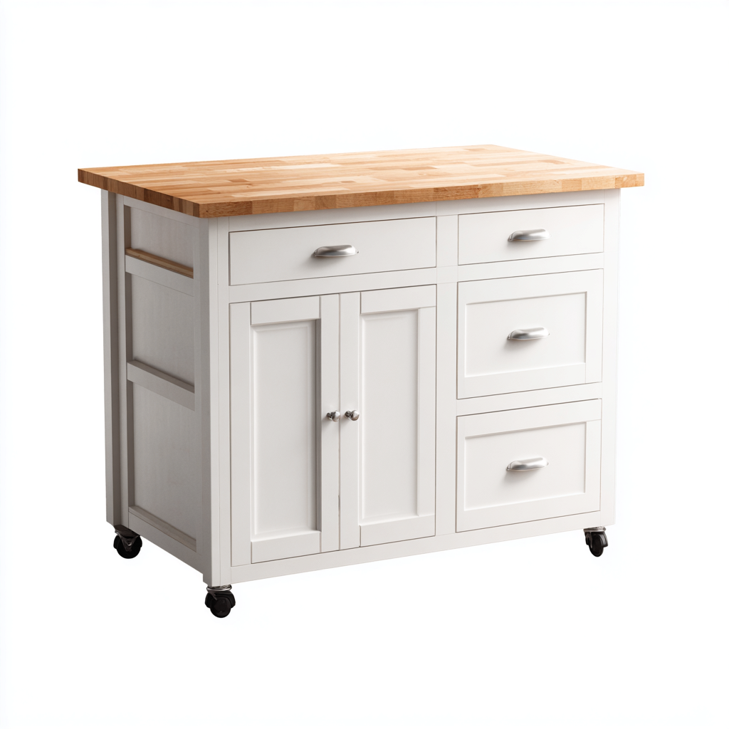 Isola Da Cucina In Legno 105x55x90 Cm - Bianco-Naturale - Con Vano Contenitivo E Cassetti Per Cucina-Reststa