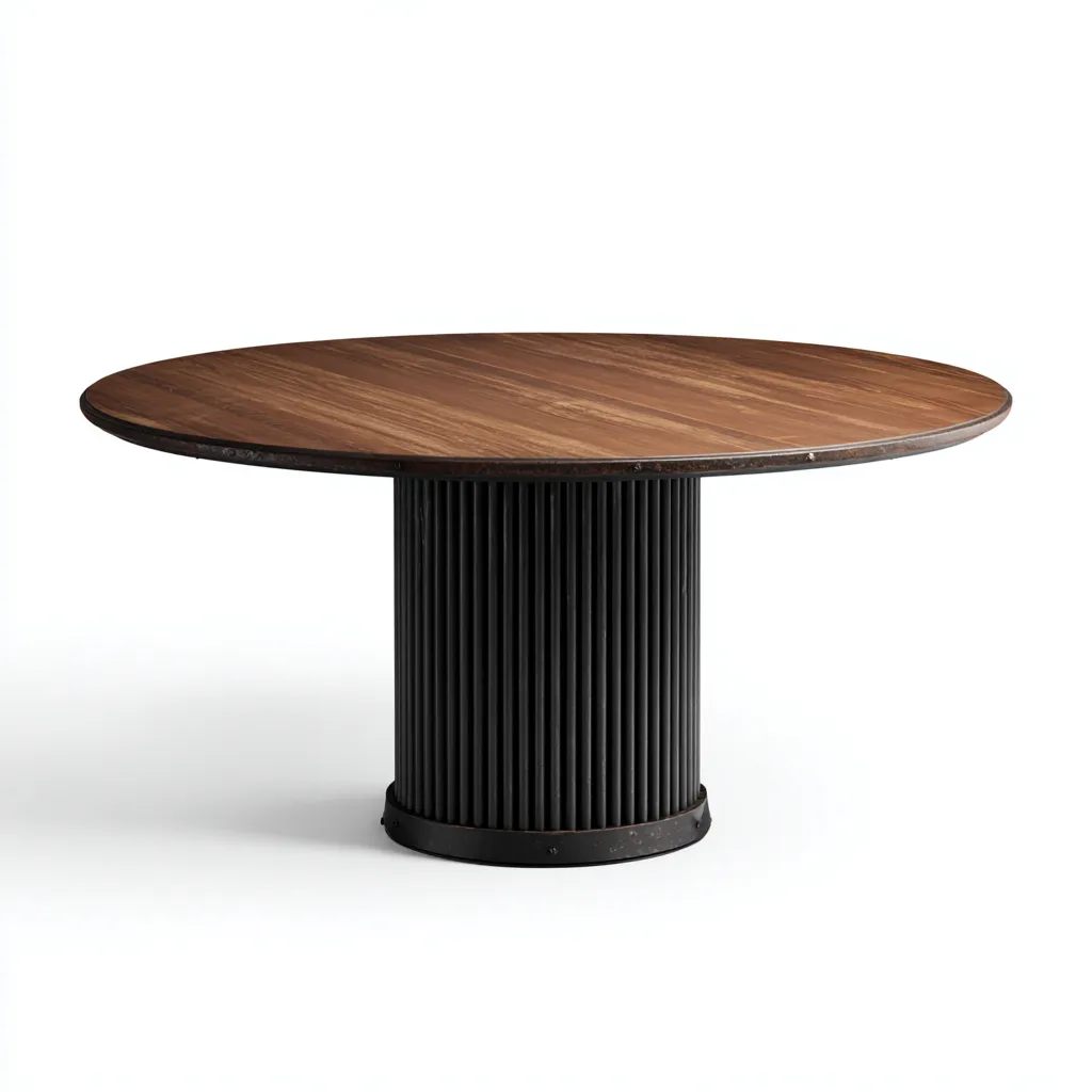 Tavolo Da Pranzo Rotondo In Legno E Metallo 135x135x76 Cm - Noce Scuro-Nero - Design Moderno Con Base Cilindrica Per Sala Da Pranzo-Reststa