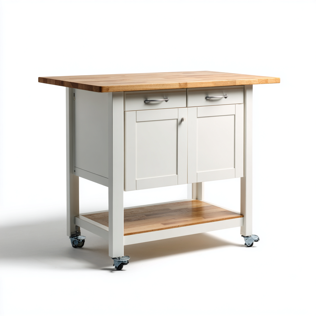 Isola Da Cucina In Legno 92x50x90 Cm - Bianco-Naturale - Con Ripiano Inferiore E Vano Contenitivo Per Cucina-Reststa