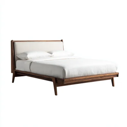 Letto Matrimoniale - Legno-Tessuto - 200X160X115 Cm - Noce-Beige - Design Moderno Stile Mid-Century Con Testiera Imbottita-Reststa