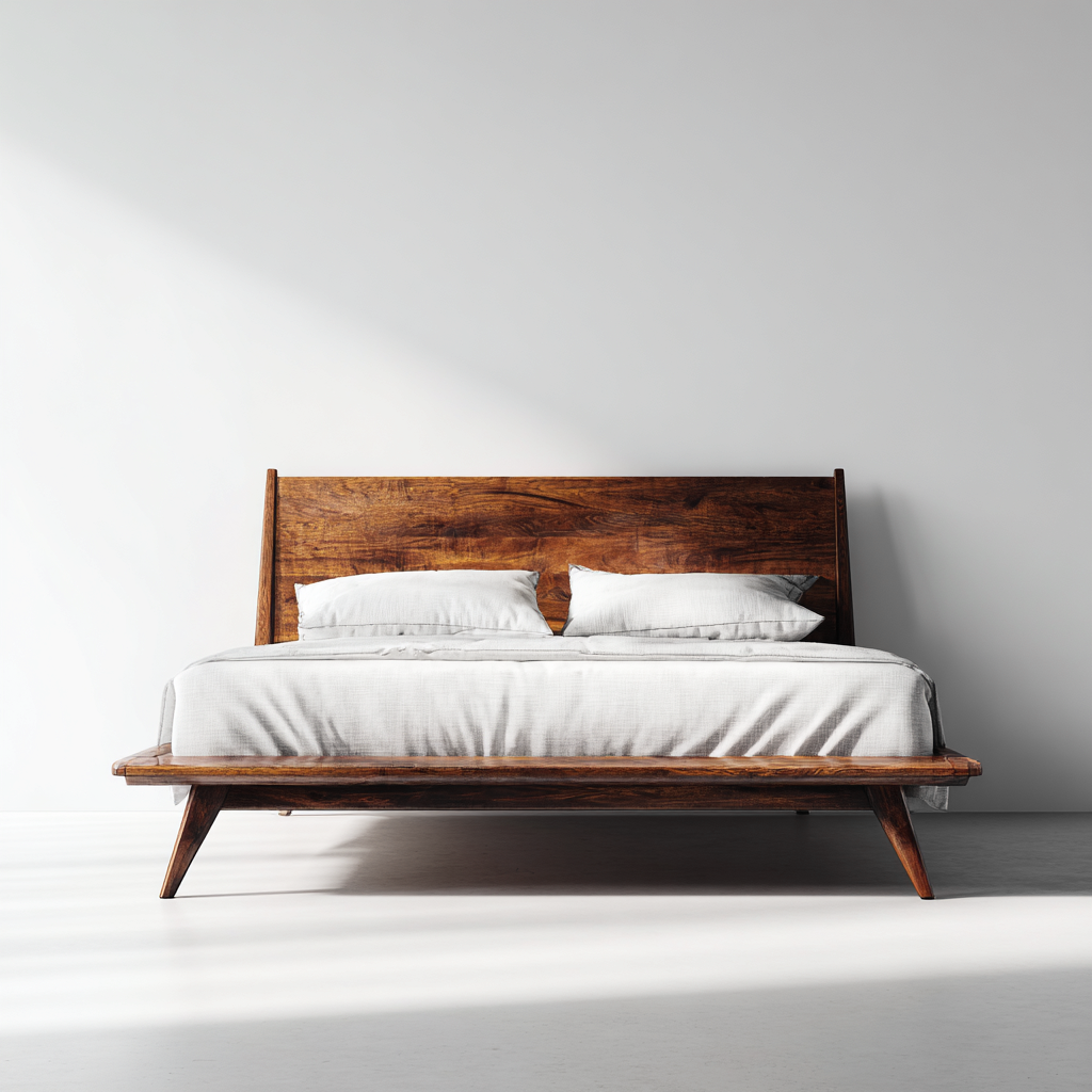 Letto Matrimoniale - Legno Massello - 200X160X115 Cm - Noce - Design Moderno Stile Mid-Century-Reststa
