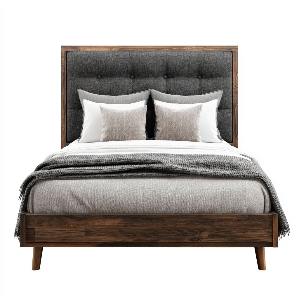 Letto Matrimoniale - Legno-Tessuto - 210X160X115 Cm - Grigio-Legno Scuro - Design Moderno Con Testiera Imbottita-Reststa