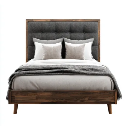 Letto Matrimoniale - Legno-Tessuto - 210X160X115 Cm - Grigio-Legno Scuro - Design Moderno Con Testiera Imbottita-Reststa