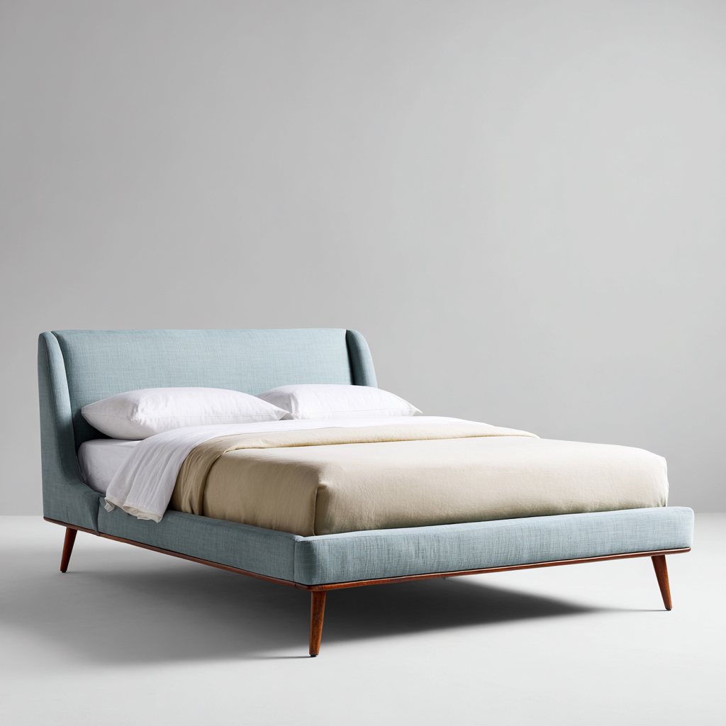 Letto Matrimoniale - Legno-Tessuto - 200X160X115 Cm - Azzurro-Noce - Design Moderno Con Testiera Imbottita-Reststa