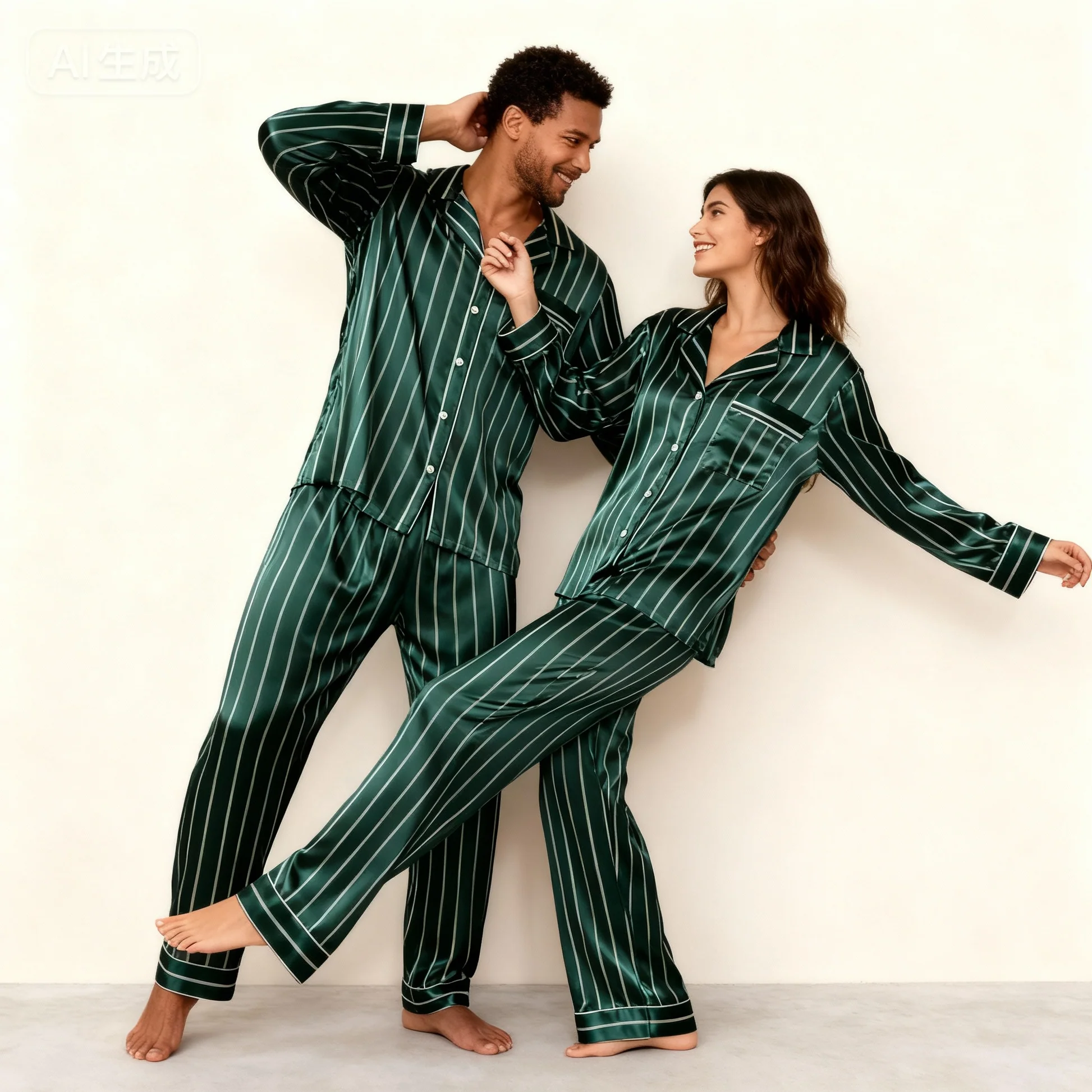 Green Stripe Print Satin Pajama Set