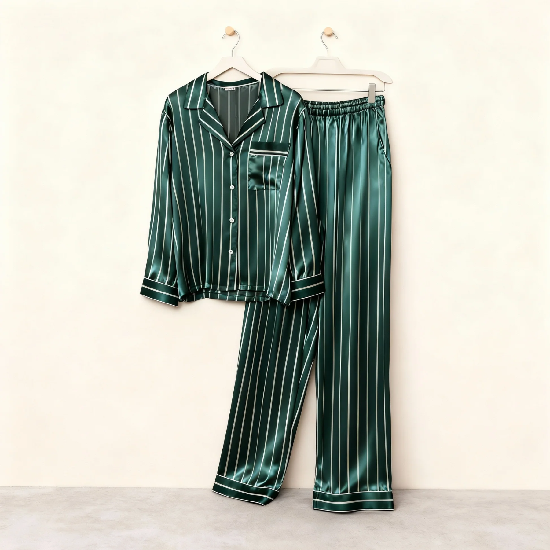 Green Stripe Print Satin Pajama Set