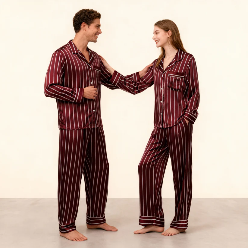 Red Stripe Print Satin Pajama Set