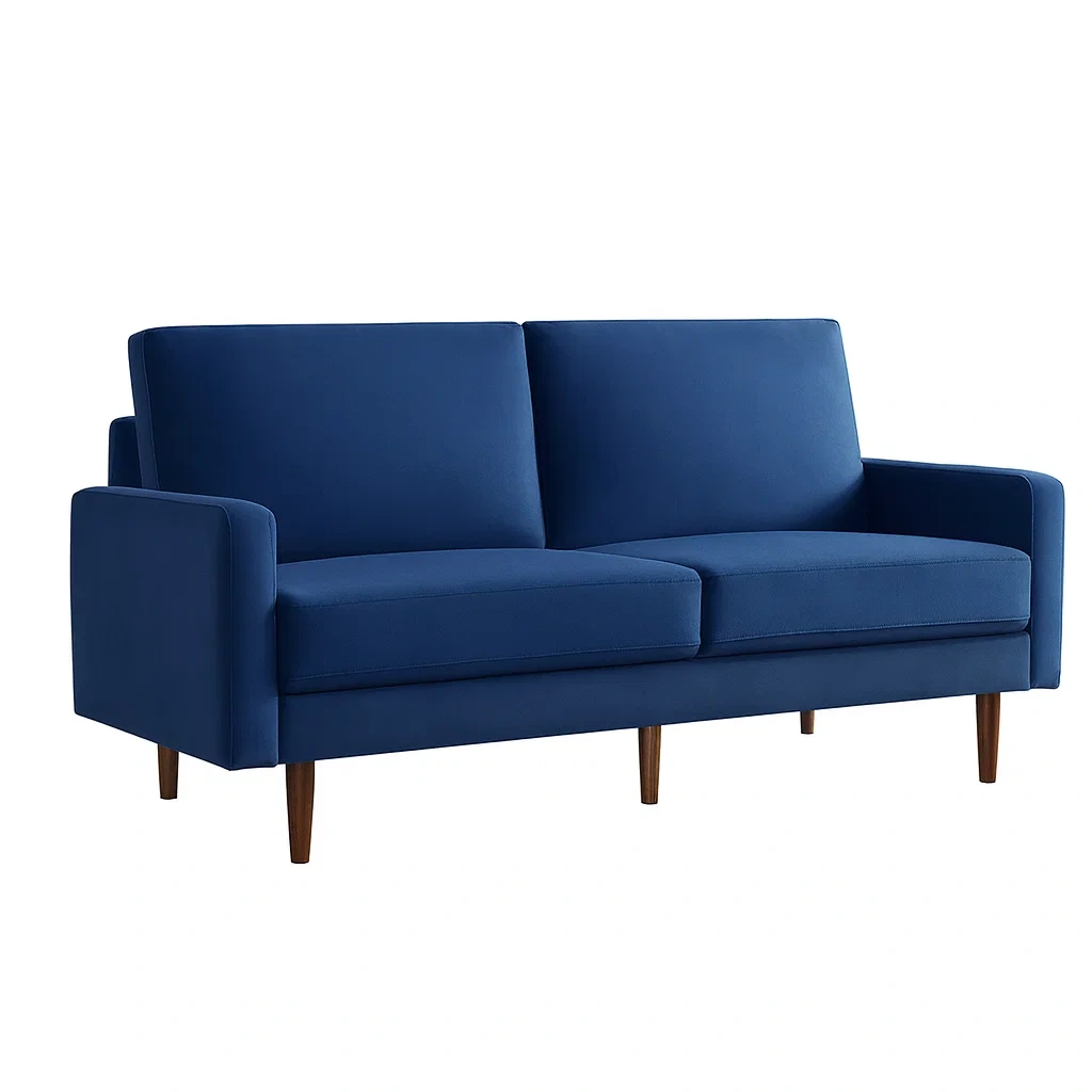 Divano a 3 Posti in Tessuto di Poliestere Blu con Struttura in Legno