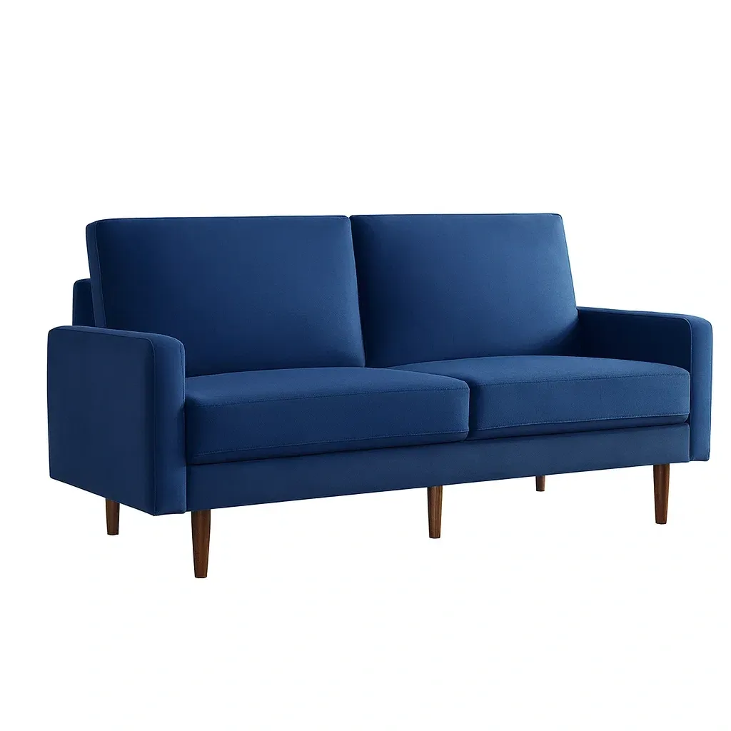 Divano a 3 Posti in Tessuto di Poliestere Blu con Struttura in Legno