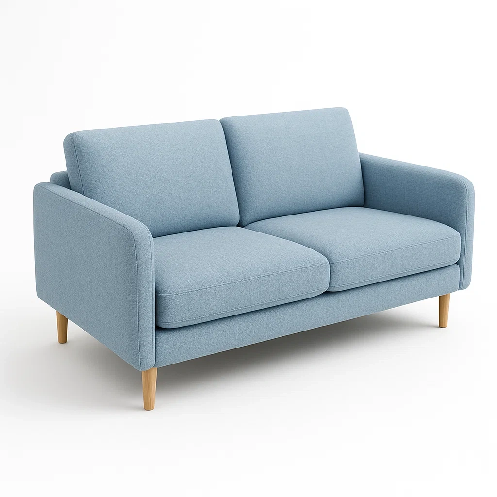 Divano a 2 Posti in Tessuto Poliestere Azzurro 160×90×85 cm con Gambe in Legno